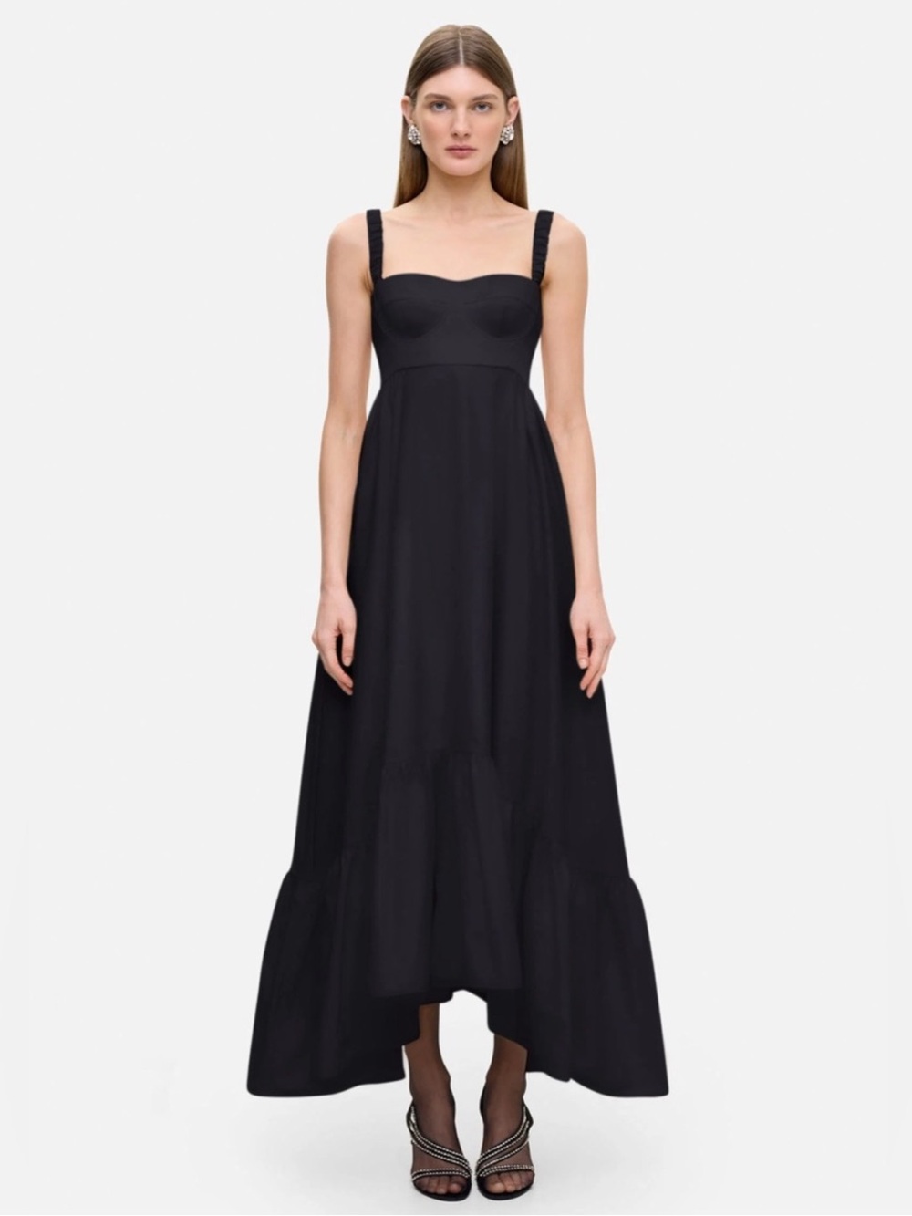 Anna October Snowdrop Bustier Ruched Strap Ruffle Hem Black Maxi Dress